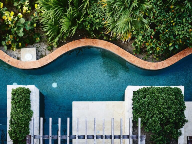 Overhead view of a winding pool surrounded by lush greenery, symbolizing the non-linear path of grief intertwined with growth and renewal.